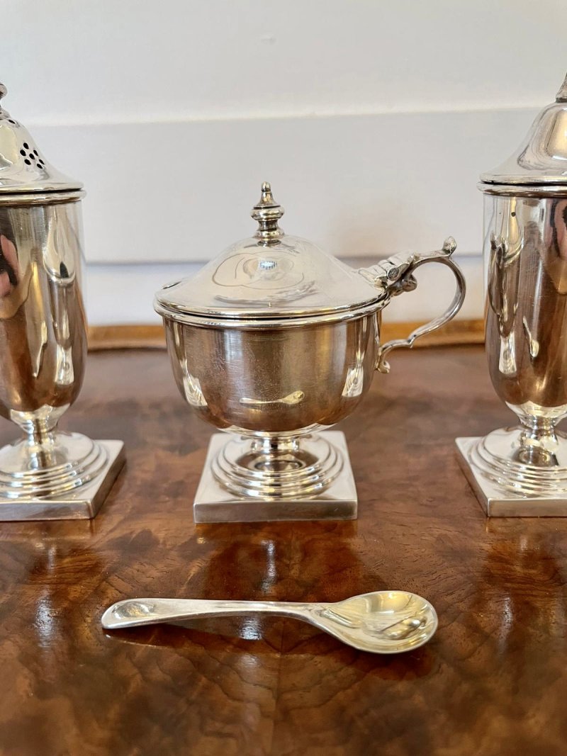 George V Cased Four Piece Solid Sterling Silver Condiment Set by Viners, Sheffield - Image 2
